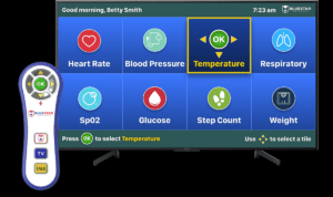 TV screen with vitals selector and BlueStar remote